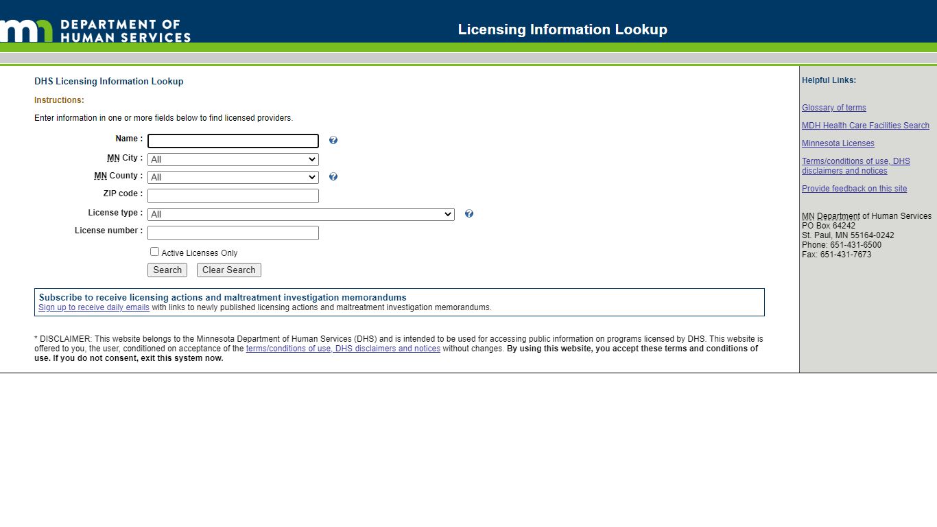 Search, MN DHS Licensing Info Lookup